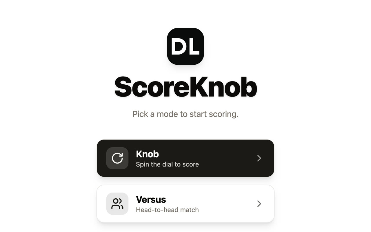Halaman depan ScoreKnob dengan mode Knob dan Versus